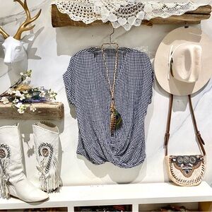 Gingham prairie boho blouse in mini check fabric w country farmhouse vibe